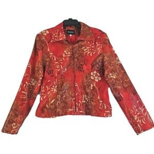 MESMERIZE ~Woman Size L~ Red Floral Print Blazer Zip-Up Jacket w/Sequins, Lined.